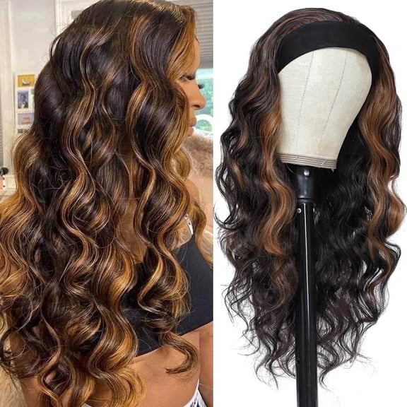 Queentas 24 Inch Headband Wigs for Women Glueless Ready to Wear Wigs Long Wavy Loose Wave Headband Wig Easy to Apply( Black Mixed Blonde)