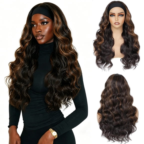 QUEENTAS Headband Wig for Women 24 Inch Glueless Ready to Wear – Long Wavy Loose Wave Pre-Plucked Natural Hairline Heat Resistant Synthetic Wig (Black Mixed Blonde)