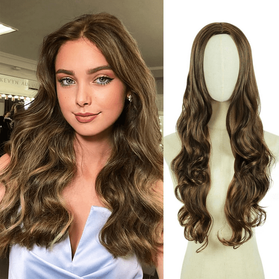 Queentas 24" Long Brown Wavy Wigs for Women Ombre Brown Curly Wig Synthetic Heat Resistant Fibers for Daily Use