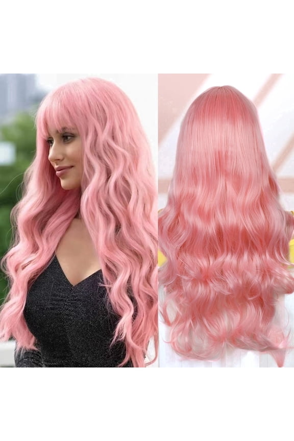 24" Pink Wigs for Women Deep Wave Wigs Synthetic Long Wave Wigs with Bangs Long Bob Wigs for Halloween