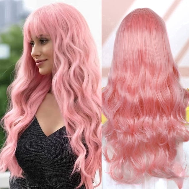 Queentas 24" Pink Wigs for Women Deep Wave Wigs Synthetic Long Wave Wigs with Bangs Long Bob Wigs for Halloween
