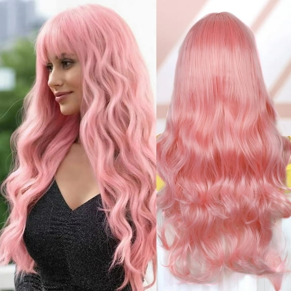Queentas 24" Pink Wigs for Women Deep Wave Wigs Synthetic Long Wave Wigs with Bangs Long Bob Wigs for Halloween