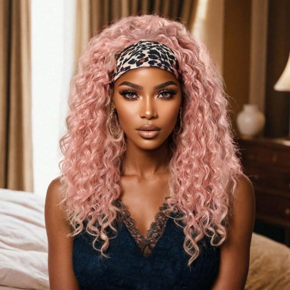 Queentas Pink curly hair Headband Wig Synthetic Loose with Ice Silk Headband Attached