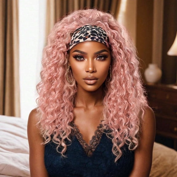 Queentas Pink curly hair Headband Wig Synthetic Loose with Ice Silk Headband Attached