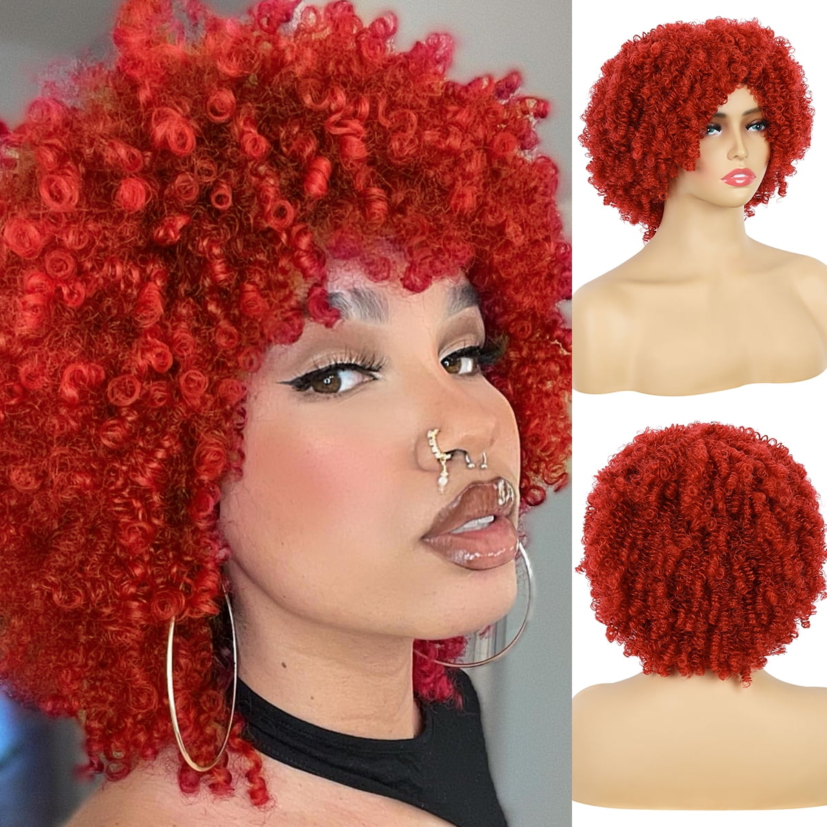 Queentas Short Kinky Curly Wigs for Black Women Synthetic Red Wig with