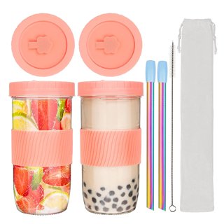 Xmmswdla Drinking Glasses with Glass Dome Lid and Straw Reusable Wide Mouth Smoothie Cups 15oz Glass Coffee Iced Cup Tumbler Glass Bubble Tea Cup for