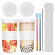 Queentrade 2 Pcs Reusable Bubble Tea Cup with 2 Straws and 4 Lids 730ml/24oz Smoothie Tumbler Cups