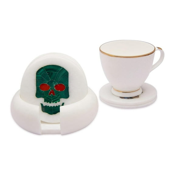 Queenza Gothic Halloween Decor, White Marble Coaster Set with Multi Color Gemstone Inlay Skull Art, Coasters for Coffee Table