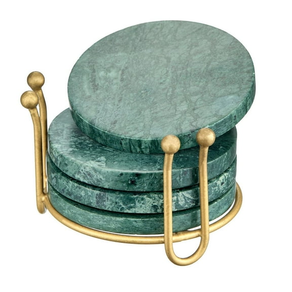 Queenza Premium Green Marble Coasters with Elegant Metal Holder, Set of 4 with Table Protection, Sophisticated Home Decor, Handcrafted Natural Stone