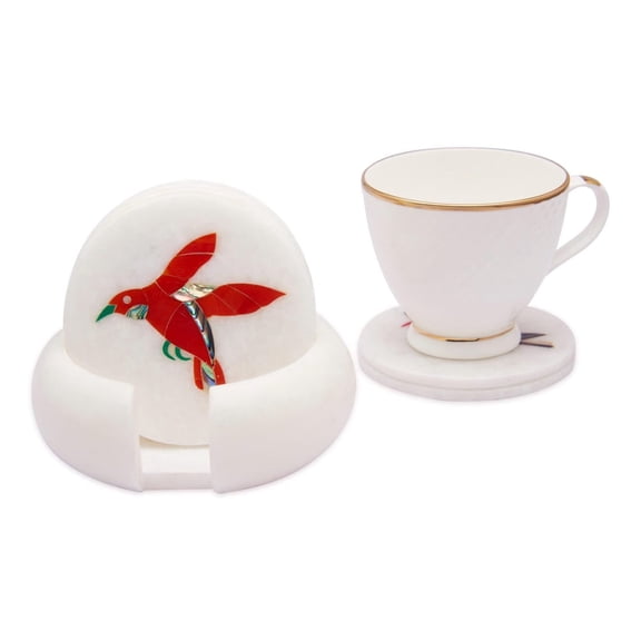 Queenza White Marble Coaster Set with Multi Color Gemstone Inlay Birds Art, Coasters for Coffee Table and Living Room