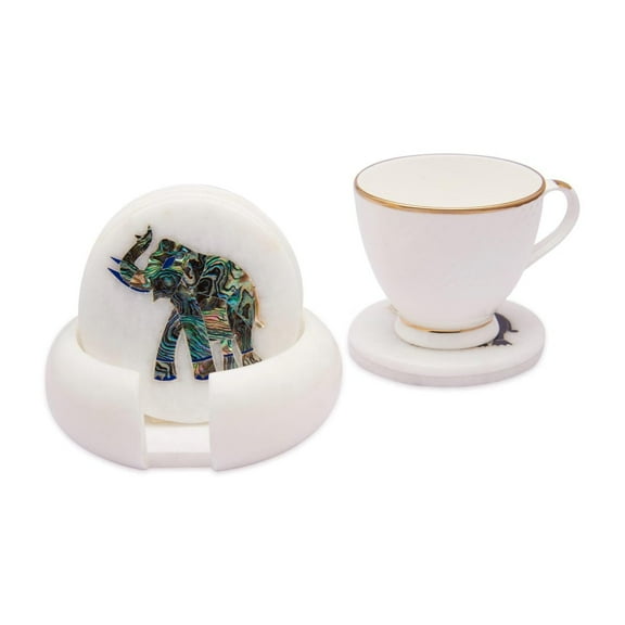 Queenza White Marble Coaster Set with Multi Color Gemstone Inlay Elephant Art, Coasters for Coffee Table and Living Room