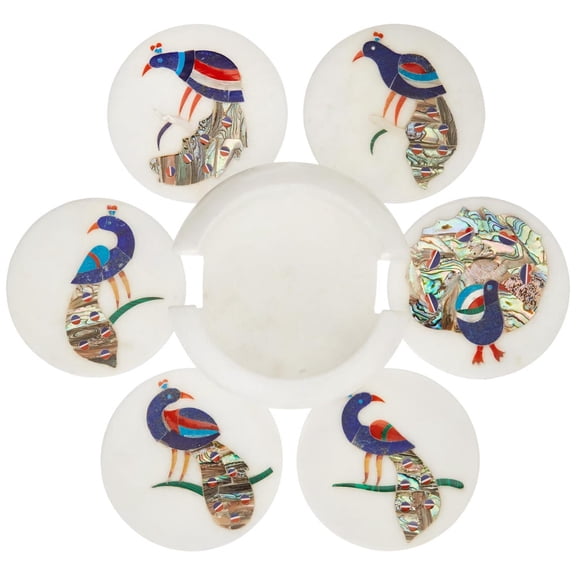 Queenza White Marble Coaster Set with Multi Color Gemstone Inlay Peacock Art, Coasters for Coffee Table and Living Room