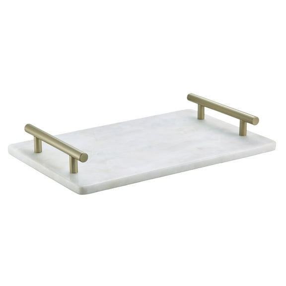 Queenza White Marble Serving Tray with Gold Metal Handles Elegant 128 Rectangular Stone Tray for Kitchen, Dining & Dcor