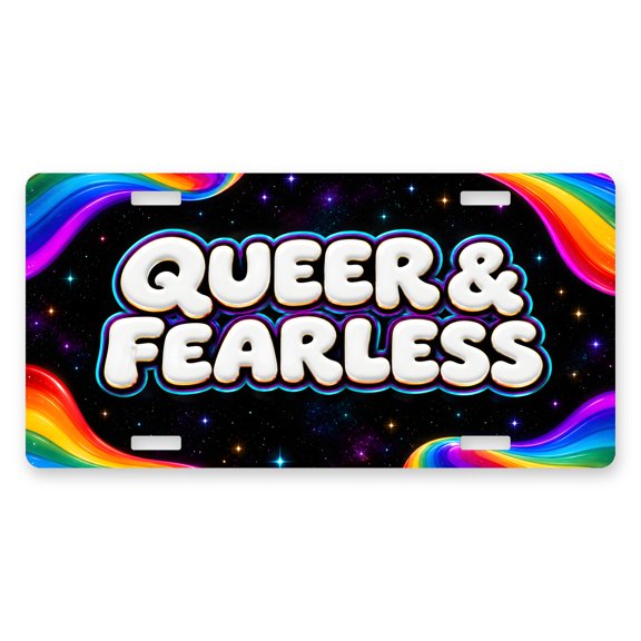 Queer And Fearless License Plate - LGBTQ Pride Car Tag - Rainbow Galaxy Decor - 12 x 6 Inch Aluminum Novelty Front License Plate