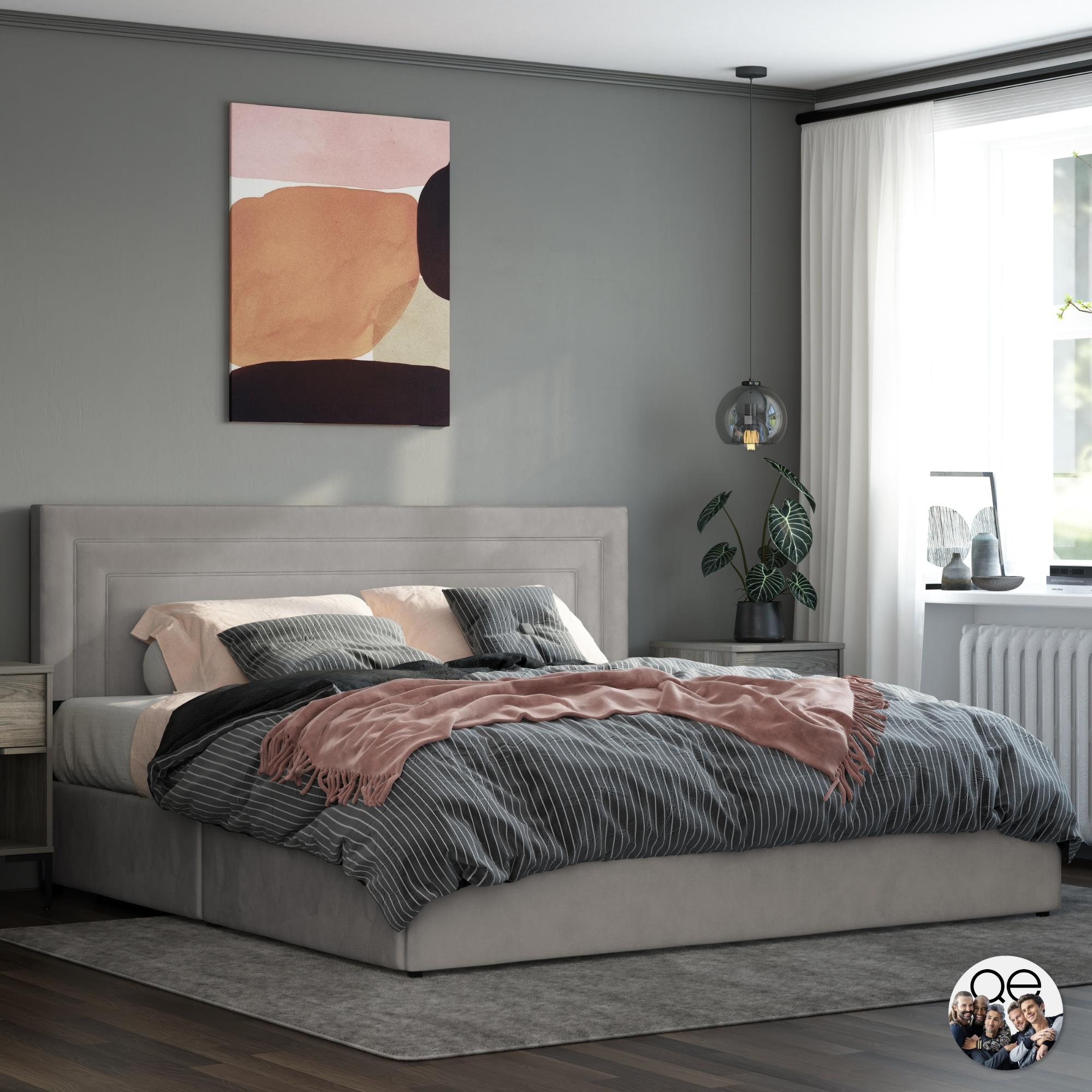 Queer Eye Oxford Upholstered Storage Bed Frame, King, Light Gray Velvet