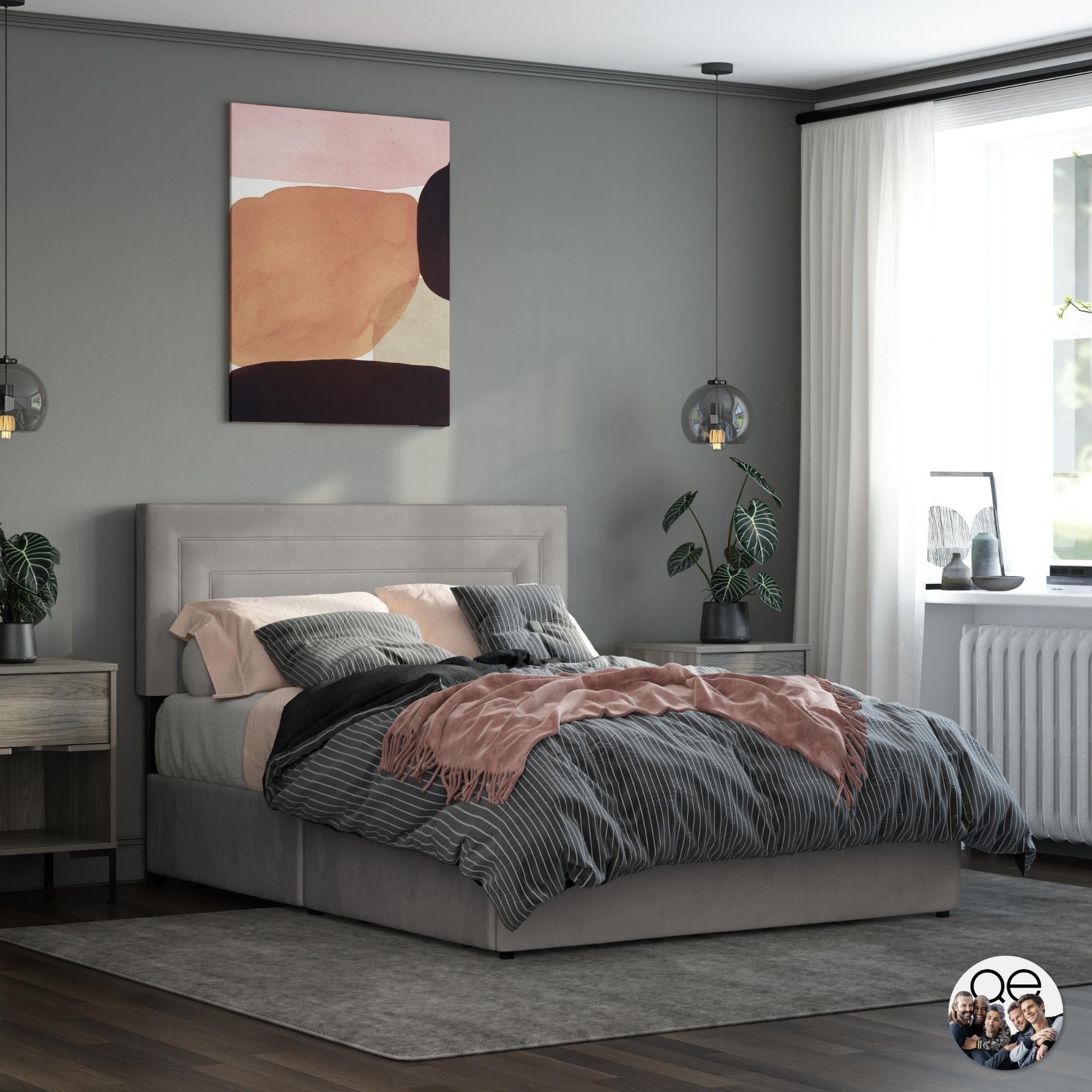 Queer Eye Oxford Upholstered Storage Bed Frame, Queen, Light Gray