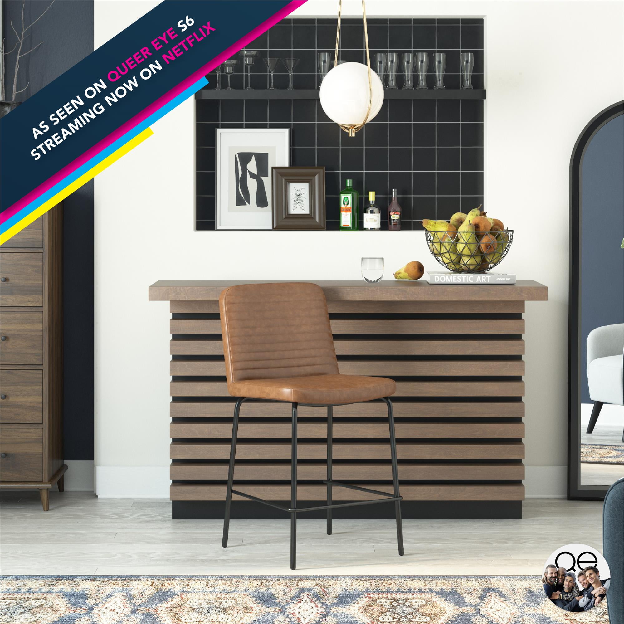 Queer Eye Wynn 24" Counter Height Bar Stool, Camel Faux Leather