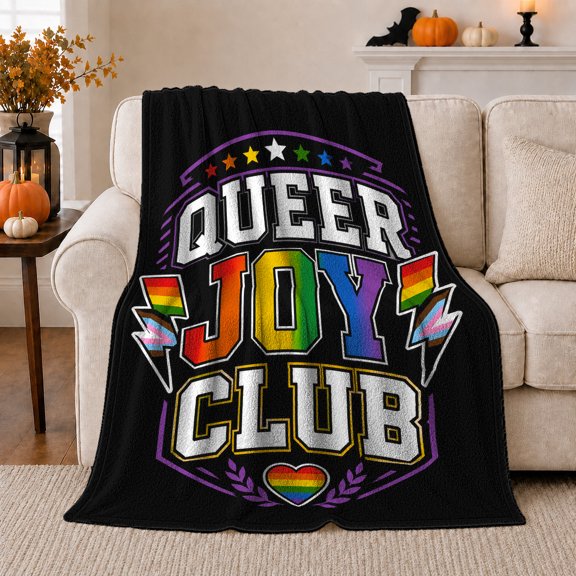 Queer Joy Club Lightning Bolts Laurel Emblem Pride, Cozy Friendship Quote Scene, Warm Flannel Blanket for Living Room and Reading Nook, Art Lovers Friendship Gift, Artistic Home Decor