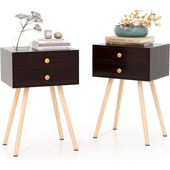 Queip 2 Drawers Nightstand, Stylish Side Table with Round Handles & Sturdy Solid Wood Legs, Modern End Table with 2 Drawers for Bedroom, Small Spaces -2-Espresso