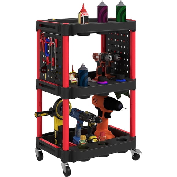 Queip 3-Tier Rolling Tool Cart with Wheels, 22.2" W x 18.7" D x 35" H Capacity Plastic Utility Cart with Side Shelves, Mobile Service Tool Organizer for Garage, Warehouse, Workshop-Black and Red