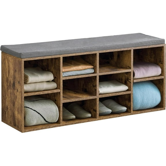 Queip Shoe Storage Bench, Cubby Shoe Rack Entryway Bench, 3-Tier Shoe Rack Bench 10 Cubbies Adjustable Entrance Organizer Shelf for Hallway -Brown