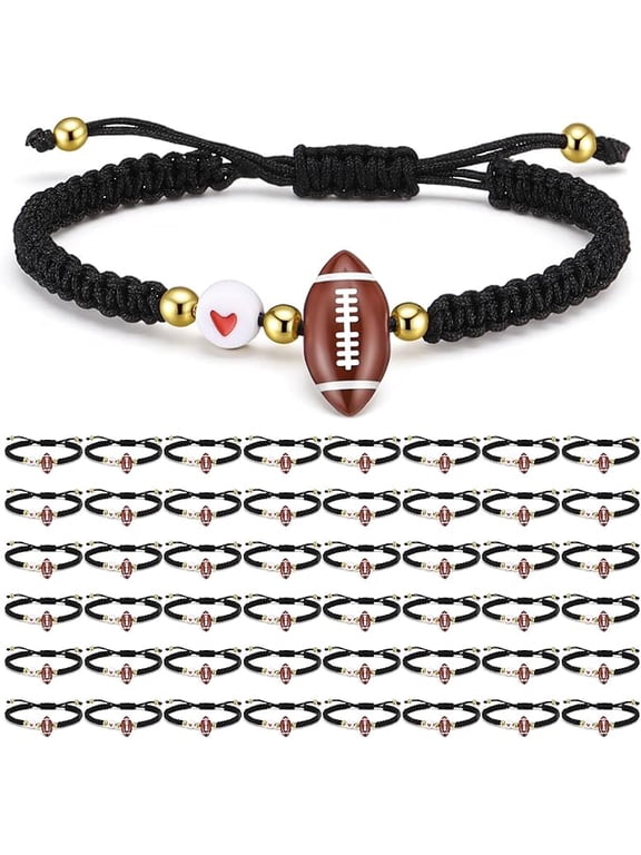 Quelay 48 Pcs Football Beads Bracelets Valentine Day Football Party Favors Gift Adjustable Soccer Charm Braided Bracelet Handmade Stuff for Fans