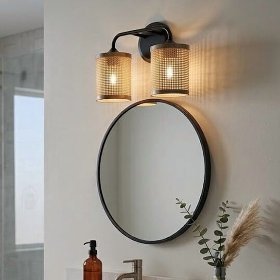 Quell Double Light Vanity Wall Lamp with Natural Rattan Shade, 7L x 10W x 12.5H Inches, Black Metal Bathroom Lighting for Vanity Area