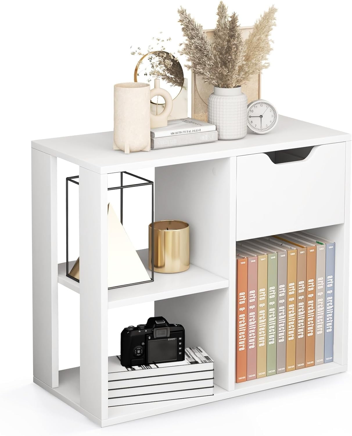 White Modern 3-Cube Bookcase with Drawer and Open Shelves