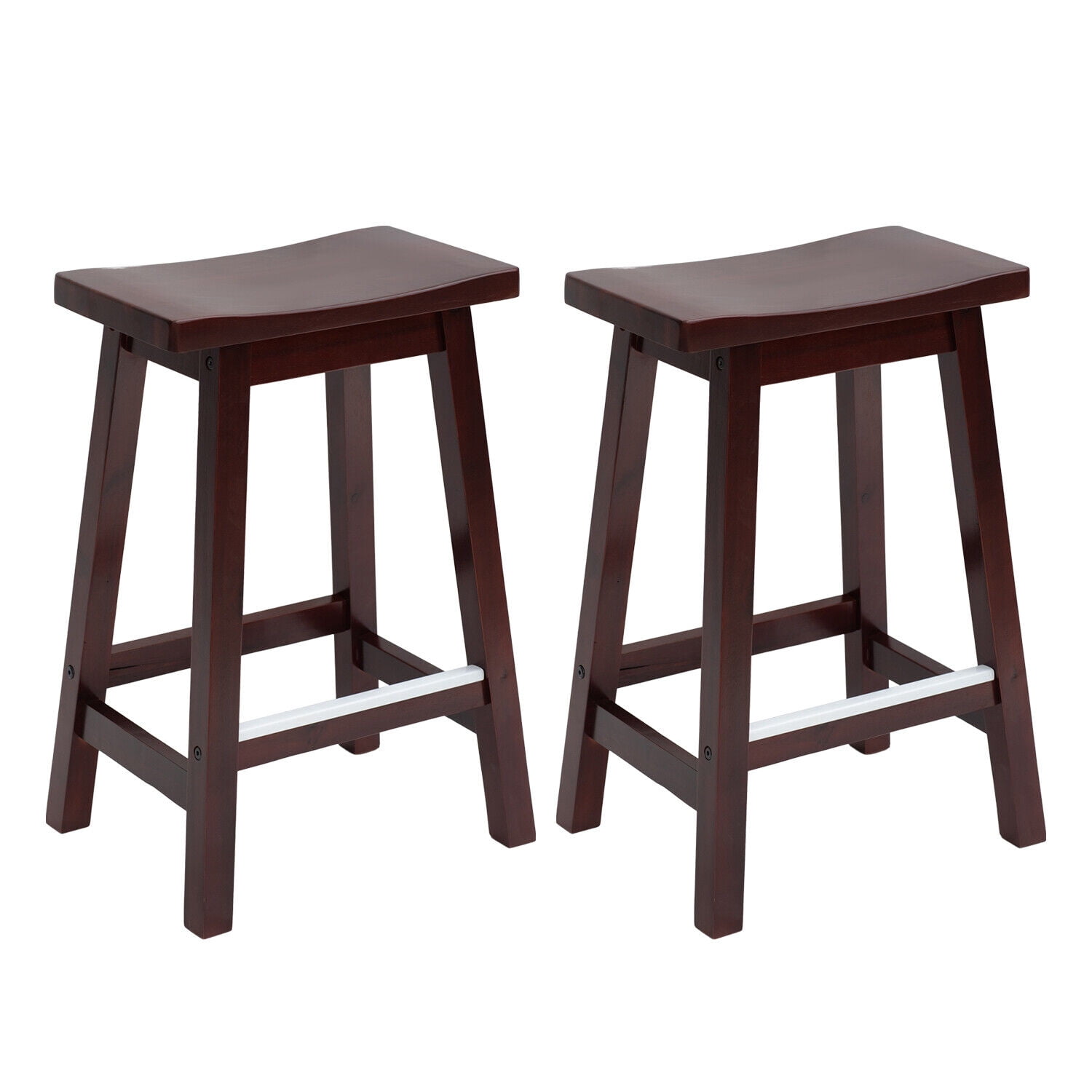 Brown Pine Wood 24-Inch Saddle Seat Bar Stools, Set of 2