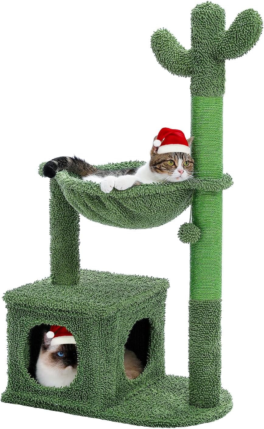 40'' Green Cactus Cat Tree with Hammock and Condo