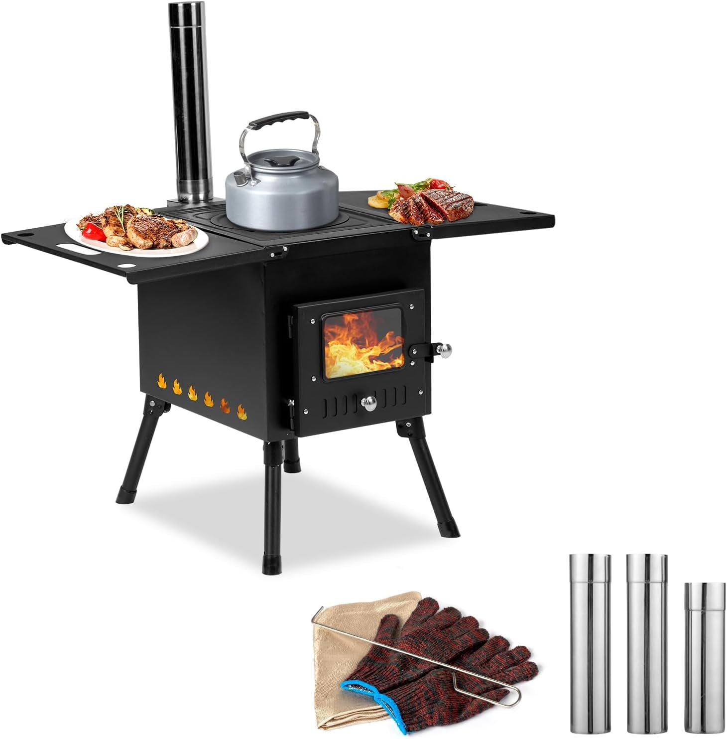 QuellQuest Camping Wood Stove, Outdoor Portable Tent Wood Burning Stove with Stainless Chimney Pipes, Tent Stove Jack & Gloves for Outdoor Camping Cooking and Heating 1-2 People Use (Style A: Middle)