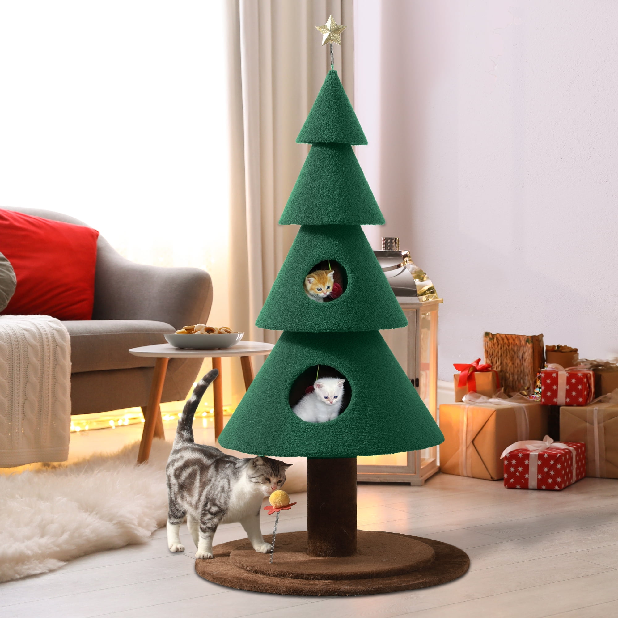 Green Velvet Christmas Tree Cat Condo with Houses