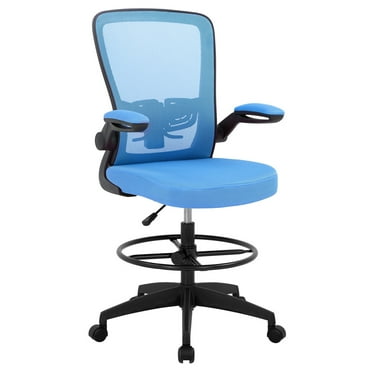 QuellQuest Drafting Chair Tall Office Chair Adjustable Height with Lumbar Support Arms Footrest Mid Back Standing Desk Chair Swivel Rolling Mesh Computer Chair Standing Desk Drafting Stool(Blue)
