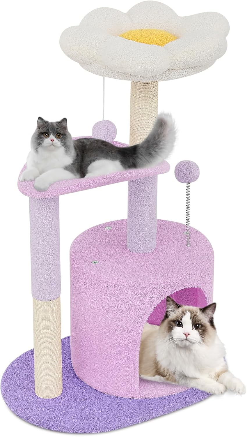Purple Freestanding Sisal Cat Tree Tower with Cozy Perches
