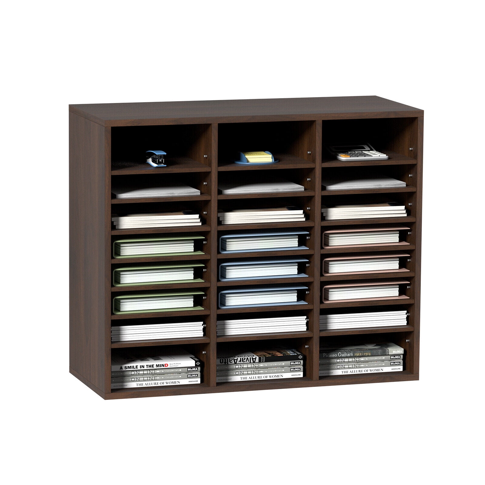 Brown Adjustable Wood Literature Sorter with 24 Compartments
