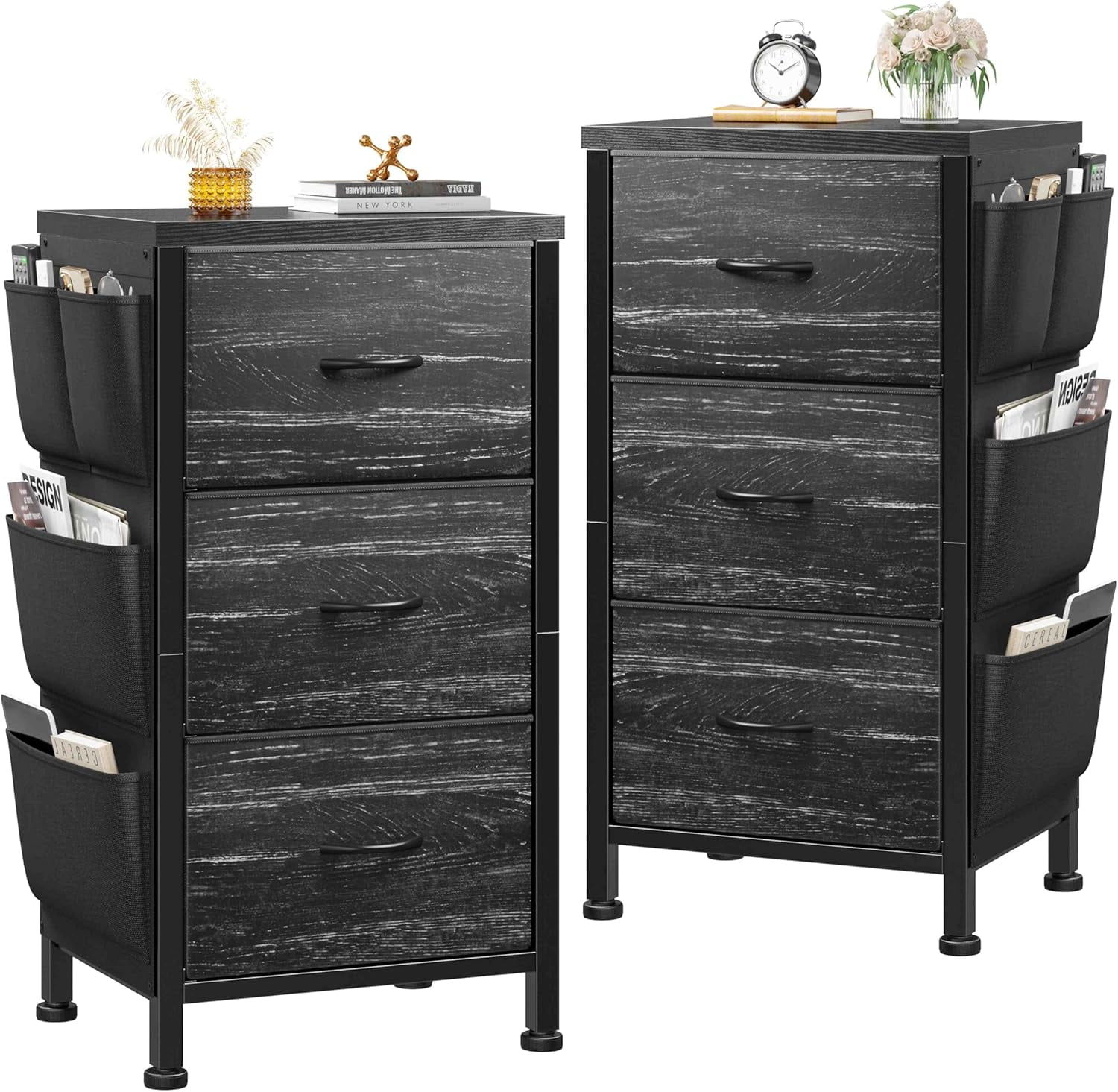 Ebern Designs Nightstand Set Of 2, Night Stand With 3 Drawers For Bedroom, Bedside Table With Wooden Top, Sturdy Steel Frame End Table, Small Dresser For Bedroom, Living Room