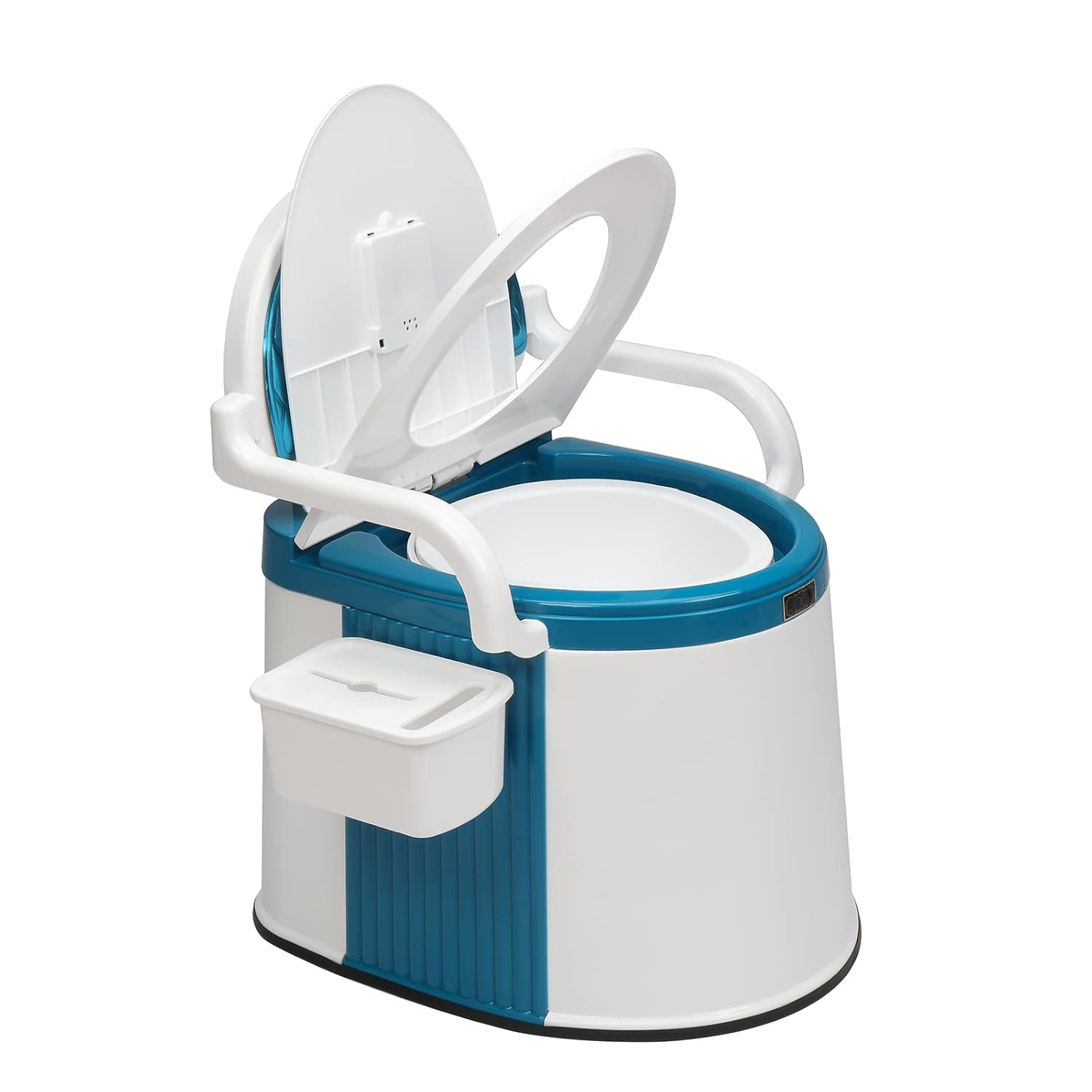 Blue and White Portable Floor Mounted Camp Toilet with Handrail