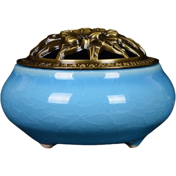 Quemador de incienso de cermica azul cielo con tapa, adorno de aromaterapia hecho a mano para decoracin del hogar
