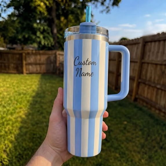 Quencher Striped Tumbler 40oz Pastel Dining Stripes Cup Handle Straw Lid Insulated Travel Mug Aesthetic Gift Handmade Design Custome Name
