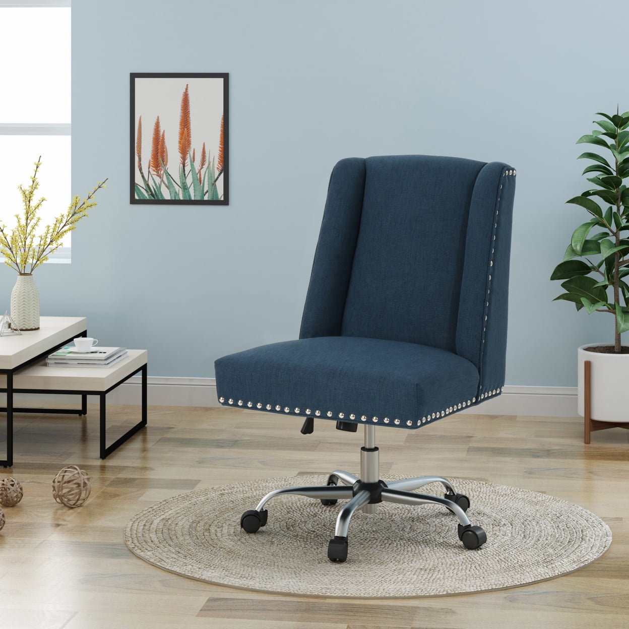 Quentin Plush Navy Blue Fabric Home Office Chair with Studded Base