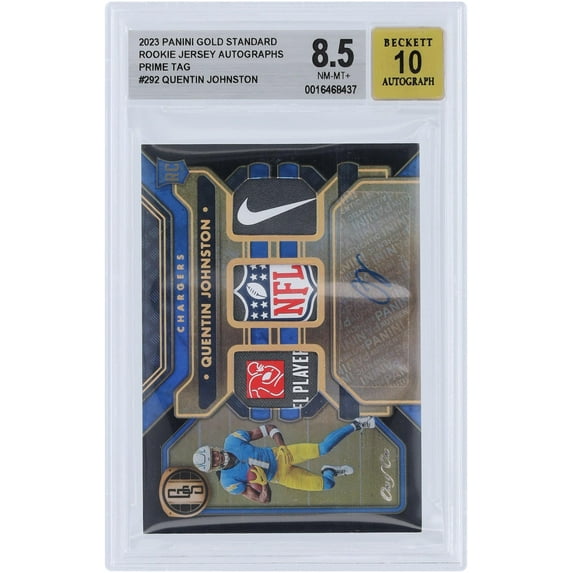 Quentin Johnston Los Angeles Chargers Autographed 2023 Panini Gold Standard Triple Laundry Tag Relic #292 #1/1 BGS Authenticated 8.5/10 Rookie Card - Fanatics Authentic Certified