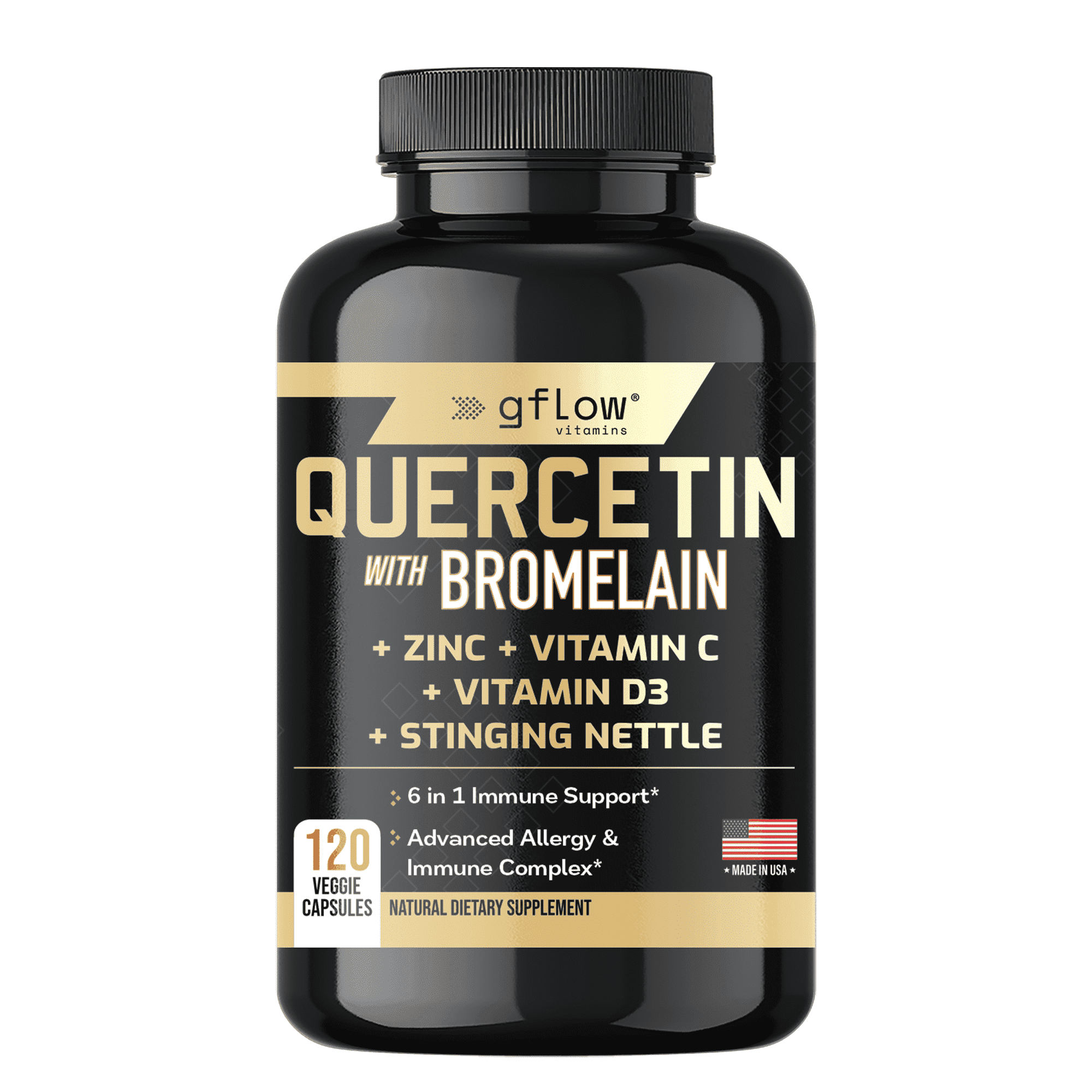 Gflow Vitamins Quercetin with Bromelain, Stinging Nettle, Vitamin C, Vitamin D3, Zinc - 120 veggie capsules