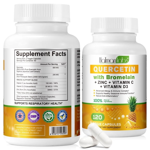 Quercetin Bromelain Complex Supplement, 800mg Quercetin + 240mg Bromelain, with Vitamin C, D3 & Zinc - 2Pack