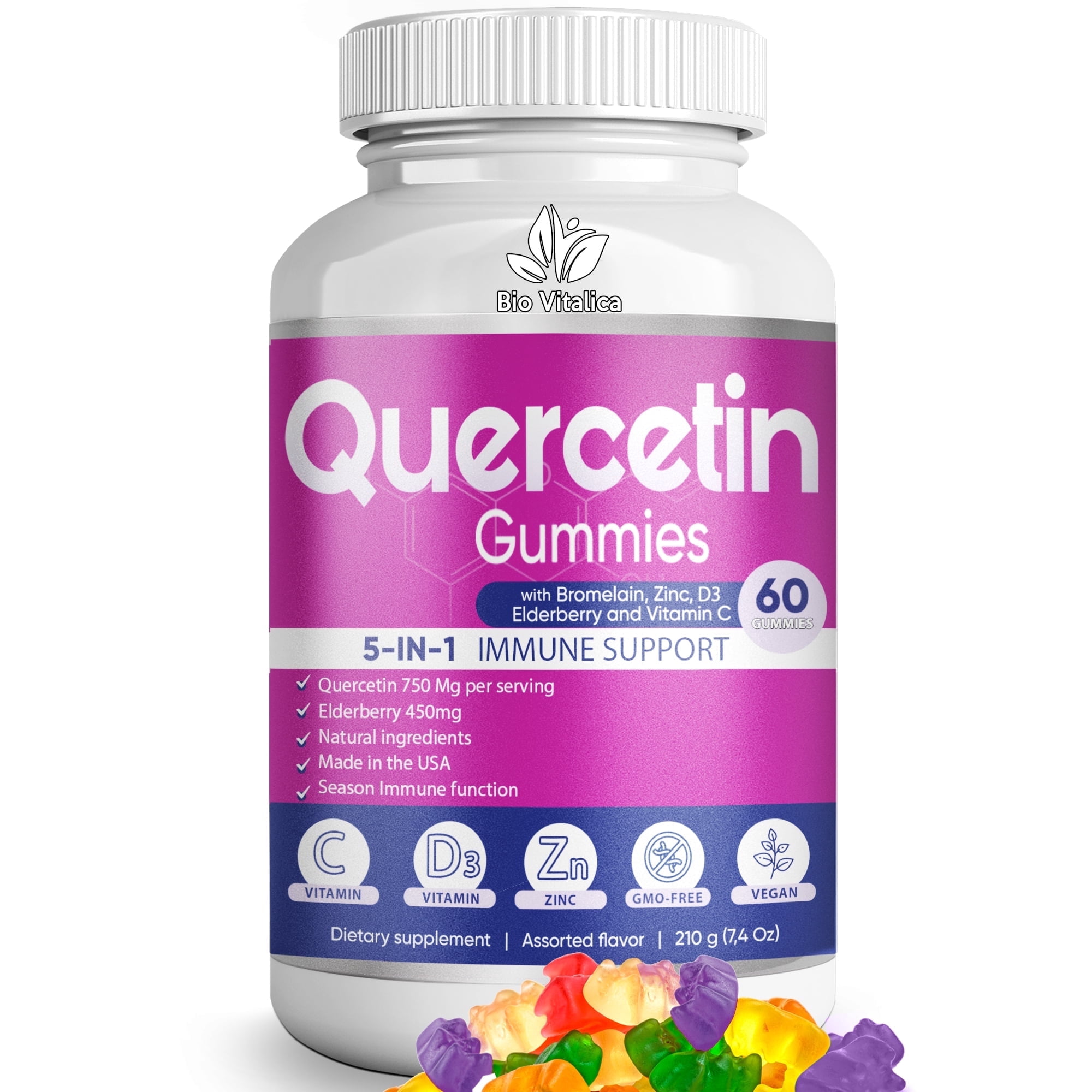 Quercetin Gummies with Zinc, Vitamin C, D3, Elderberry & Bromelain – 750mg Immune Support Supplement – Vegan Zinc Quercetin Gummies for Adults & Kids – 60 Capsules by BioVitalica