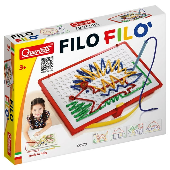 Quercetti: Filo Filo - Lacing Toy, 18 Pattern Templates, Create String Art, Self-Locking Slot Board, Creative Craft Activity, Portable Playset Kids 3+