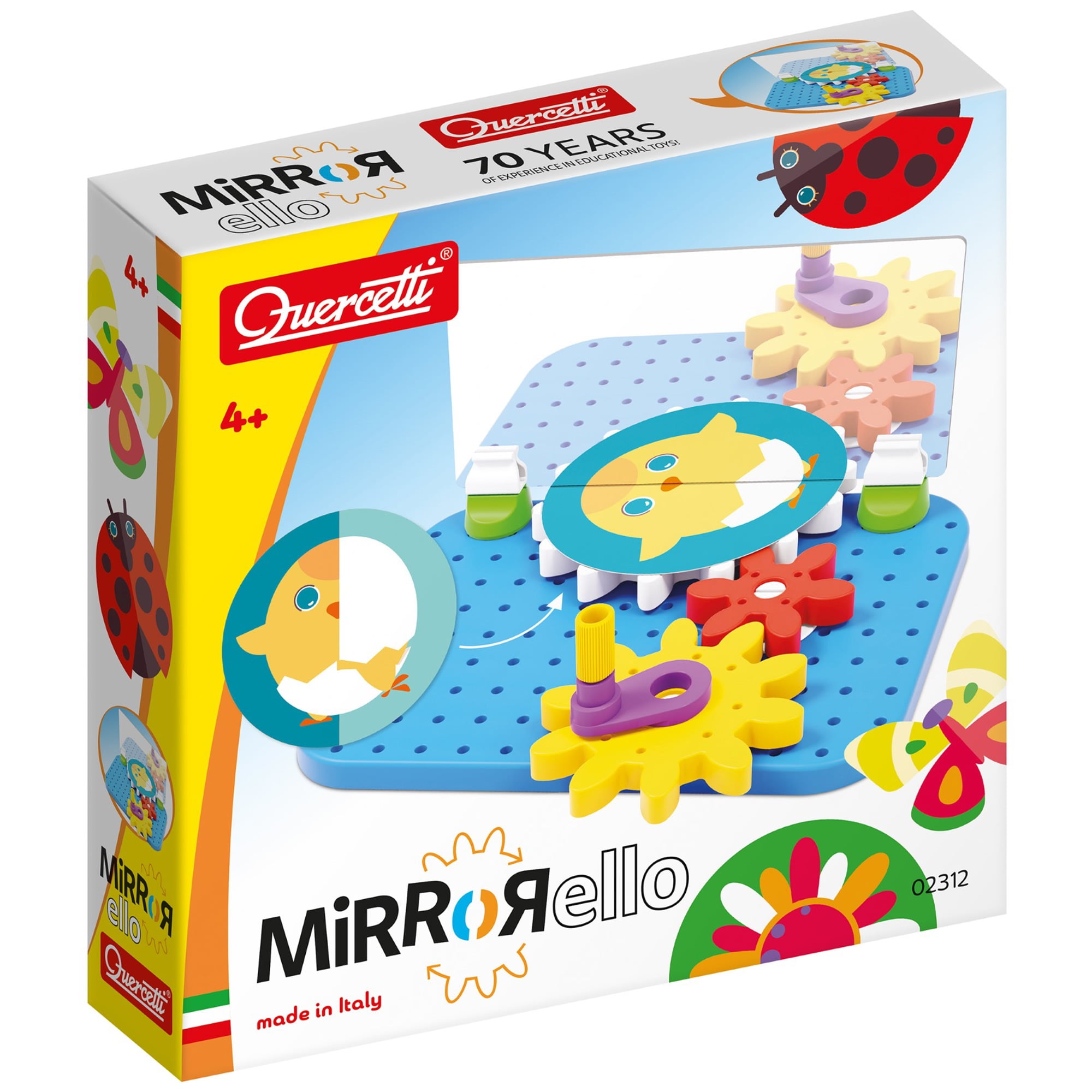 Quercetti: Mirrorello - Gear Assembly Game Toy, Turn The Crank, Double-Sided Discs, Mirror Illustrations, Explore Patterns, STEM Building Toy, Kids 4+