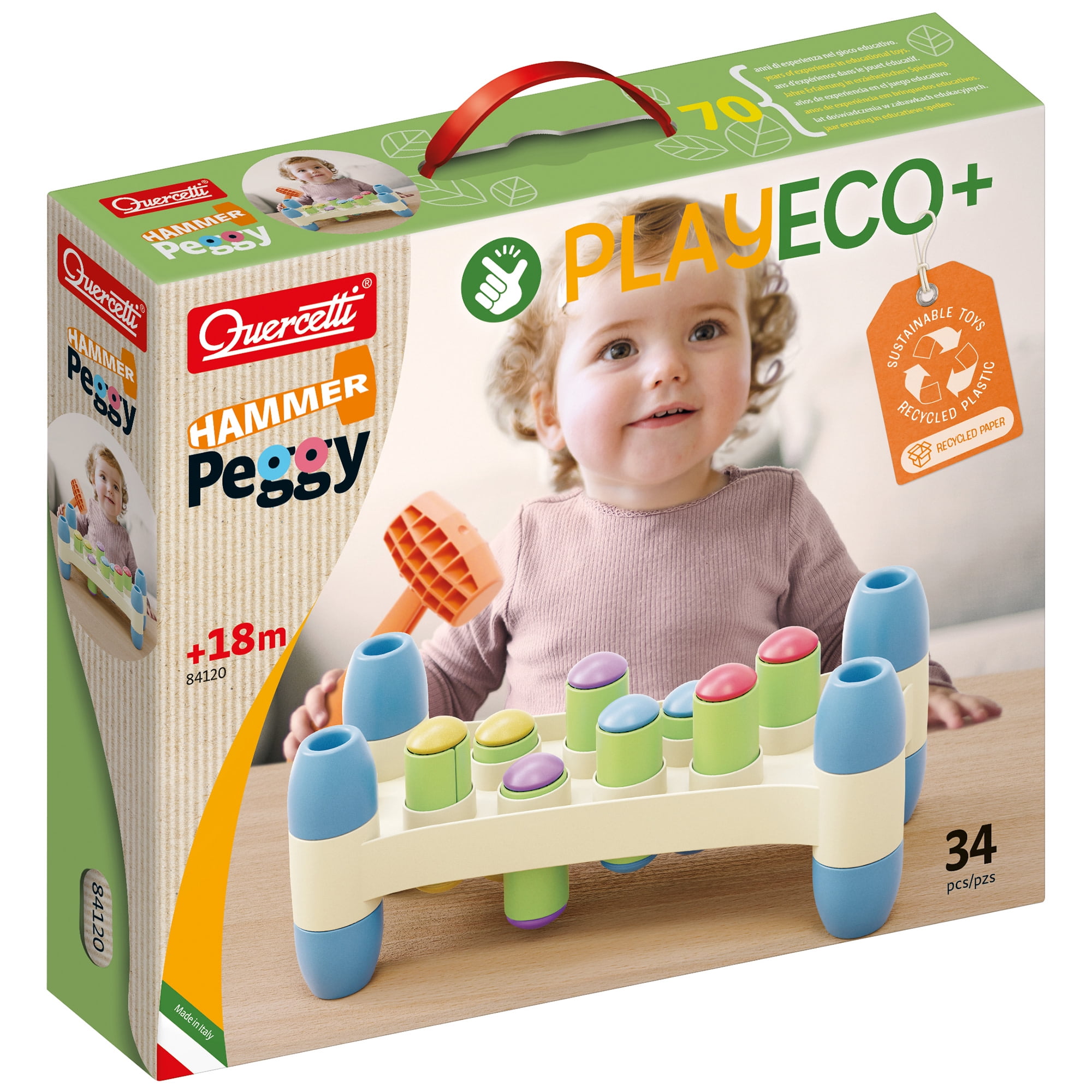 Quercetti: PlayEco+ Hammer Peggy - Classic Peg Pounding Bench Toy, Interactive & Colorful Board, Preschool Cause-Effect Play, Toddler & Kids 18mo+