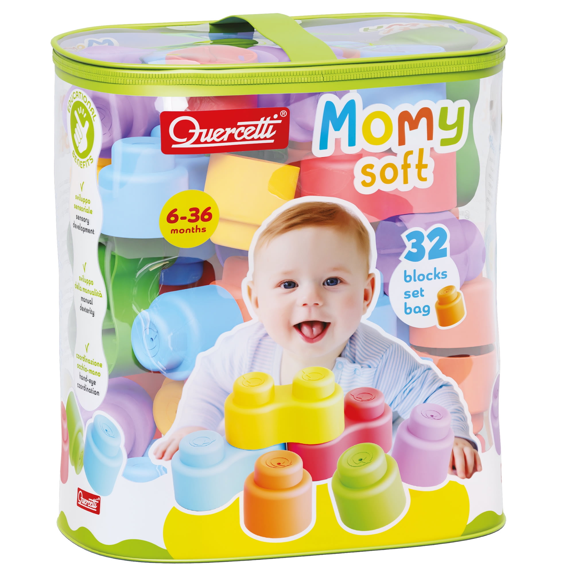 Quercetti: Momy Soft - 32pc Blocks Set, Colorful Washable Shapes, Sorting & Stacking, Construction Toy, Safe Early Development Play, Baby-Toddler 6mo+