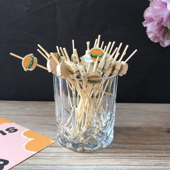 Queroig 100Pcs Fruit Fork Creative Disposable Cartoon Hamburger Pattern Food Bamboo Stick Home Supply