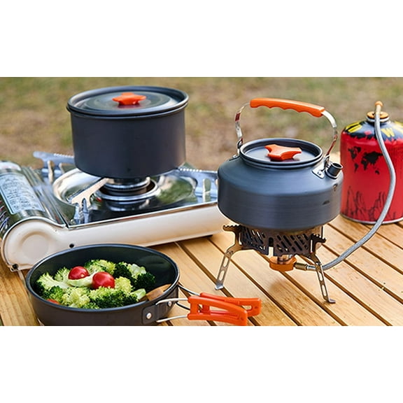Queroig 10Pcs/Set Camping Cookware Kit with Folding Pan Pot Kettle Spoon Bowl 2-3 Person Outdoor Backpacking Hiking Portable Non-stick Alumina Cookware